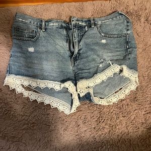 Free people denim shorts with crochet hem